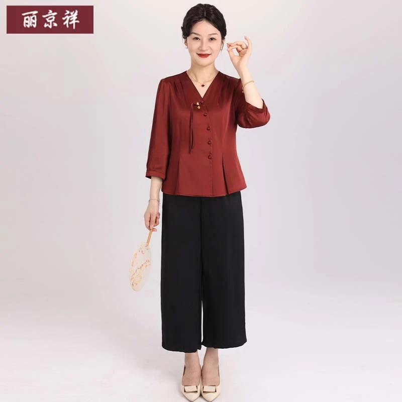 妈妈装春装中式国风气质夏季上衣中老年斜襟盘扣开衫两件40-50岁