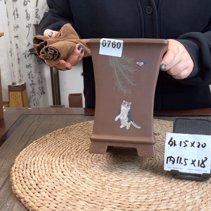 紫砂花盆紫泥猫咪手绘收腰四方0760