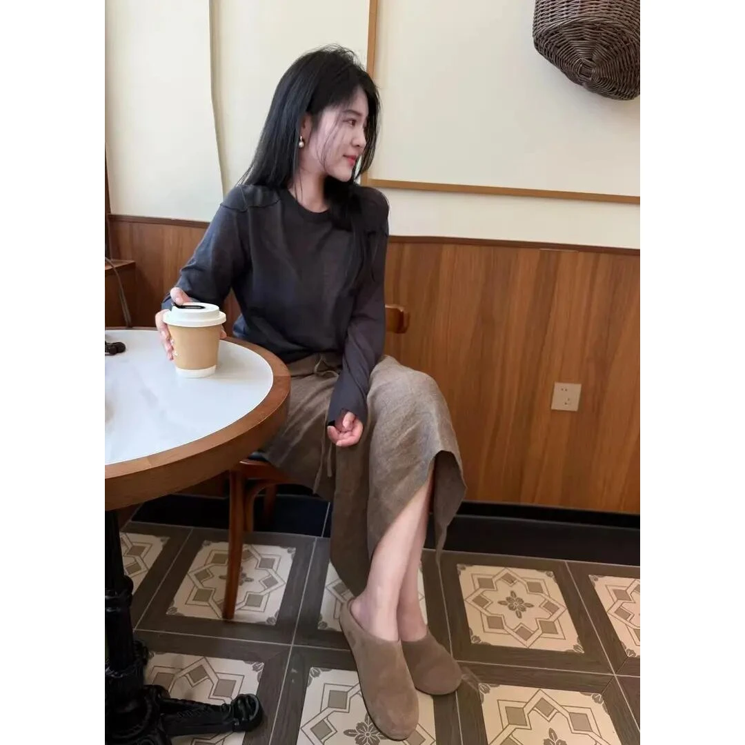 2025夏季新款气韩系简约圆领休闲长袖上衣高腰百搭半身裙两件套女