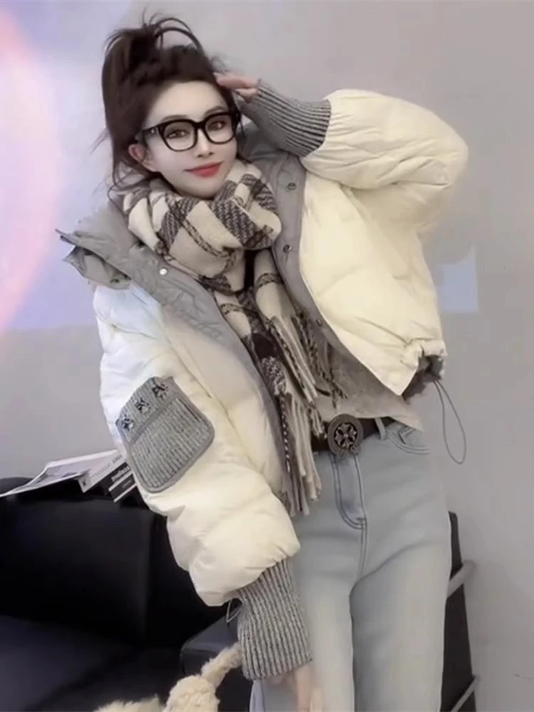 2025冬季网红新款时尚棉服女欧货针织拼接撞色加厚连帽面包服