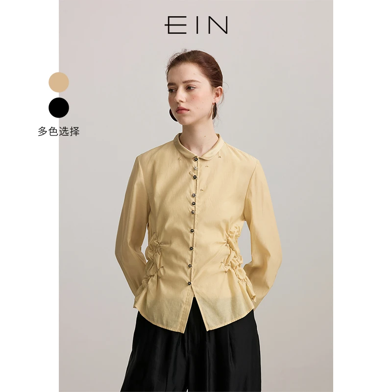 EIN/言复古丝棉缱绻打揽收腰素绉缎面翻领长袖衬衫女商场同款新品