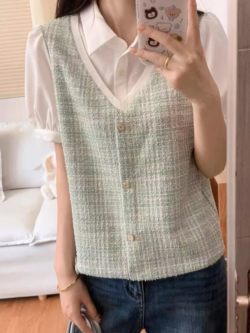 <401>A短袖休闲风静奢风拼接常规T恤休闲百搭复古背心针织