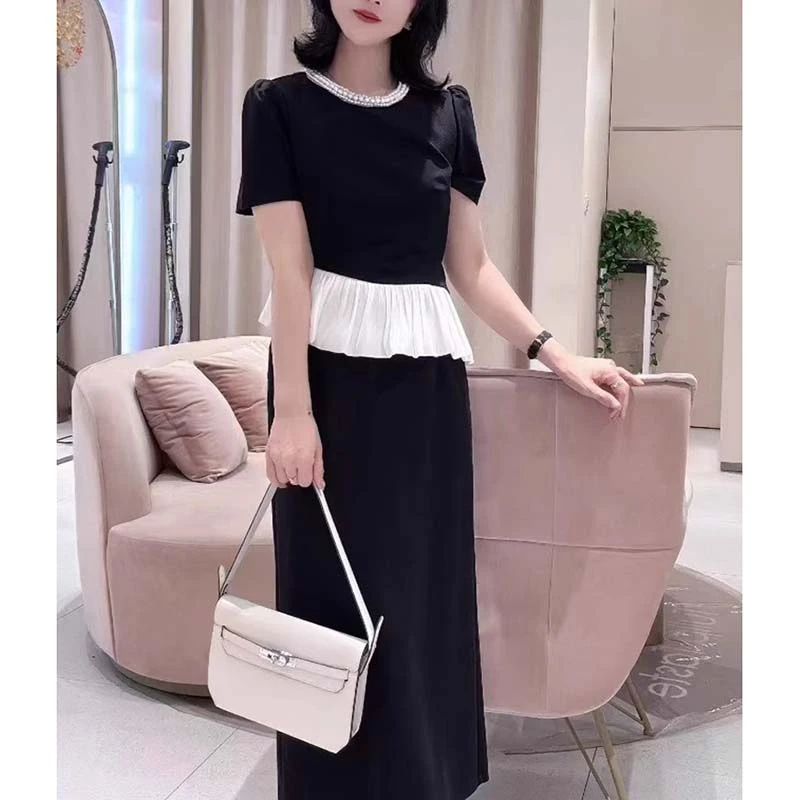 【两件套】2025夏设计拼接花边褶皱不规则女时尚减龄收腰套装D2076