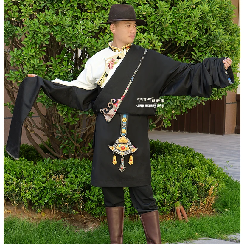 藏吧啦男士安多贴绣拼条藏袍民族服装新款