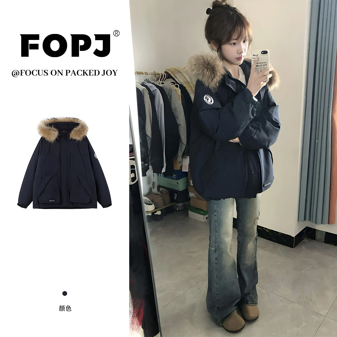 FOPJ冬季新款加厚保暖毛领潮流派克服女美式慵懒风设计感连帽上衣