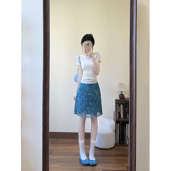 法式气质设计感拼接修身T恤女2025夏季新款时尚上衣+裙子两件套