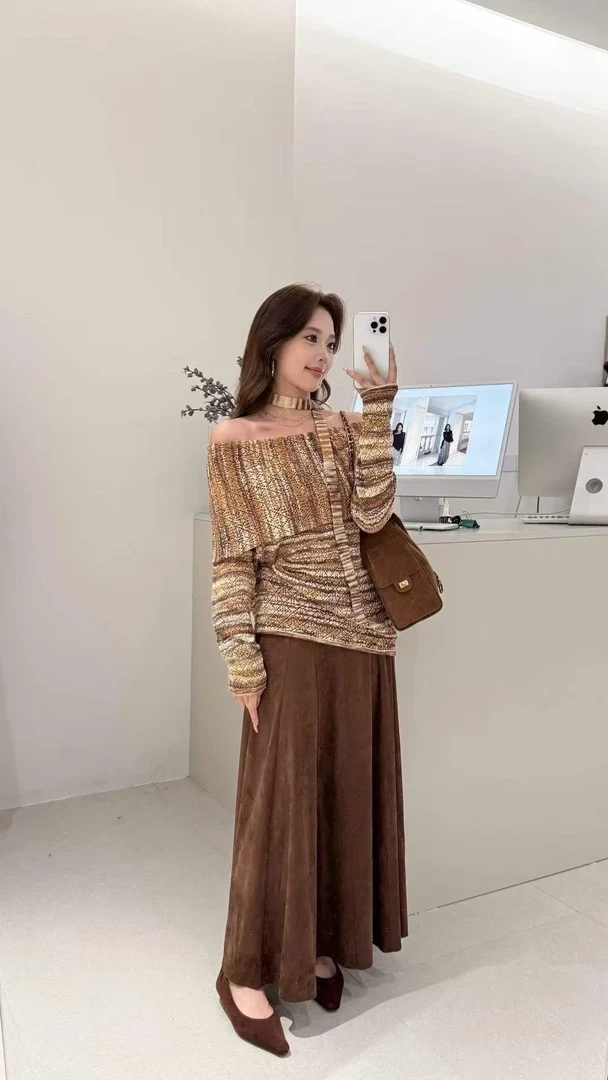 十三行2025秋装新款法式飘带一字肩针织衫女复古条纹宽松长袖毛衣