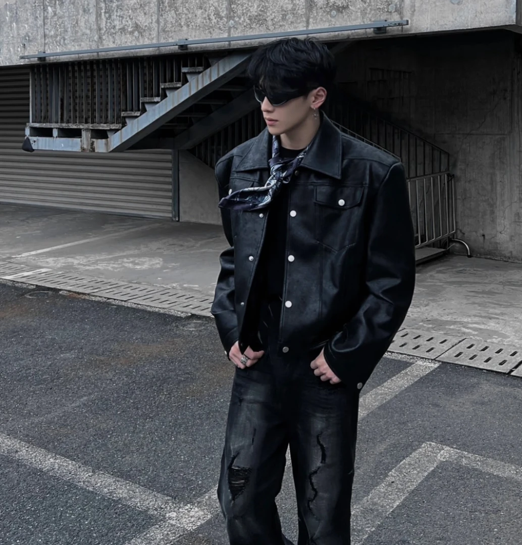 【哇塞】159-199小众设计孤品古着vintage男女同款无性别皮衣