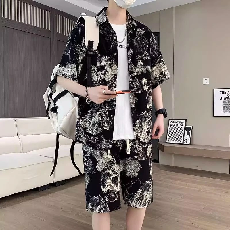水墨画潮流短袖衬衫套装男夏季休闲宽松大码百搭衬衣短裤一套搭配