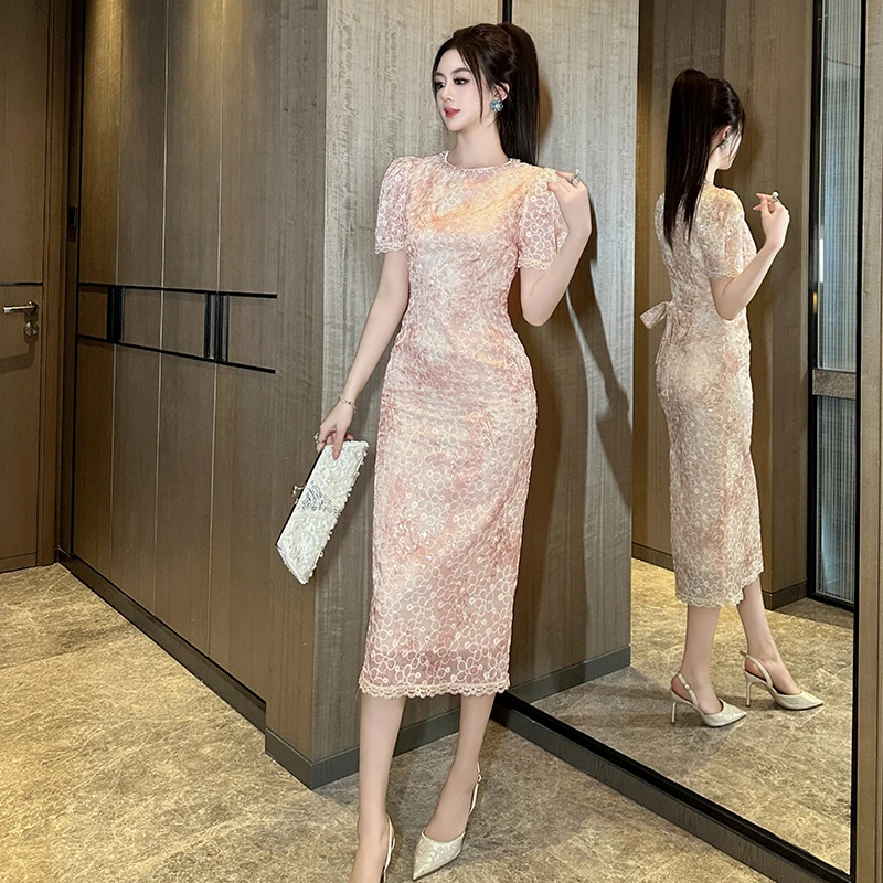 蕾丝气质修身显瘦夏季春夏法式印花连衣裙中长款夏装裙子80186