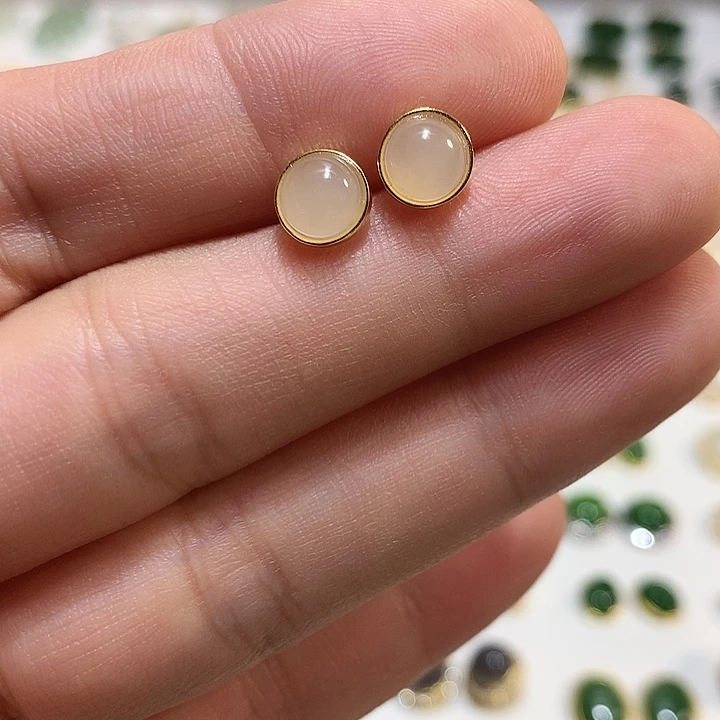 银S925镀金镶嵌和田玉（白玉）耳饰