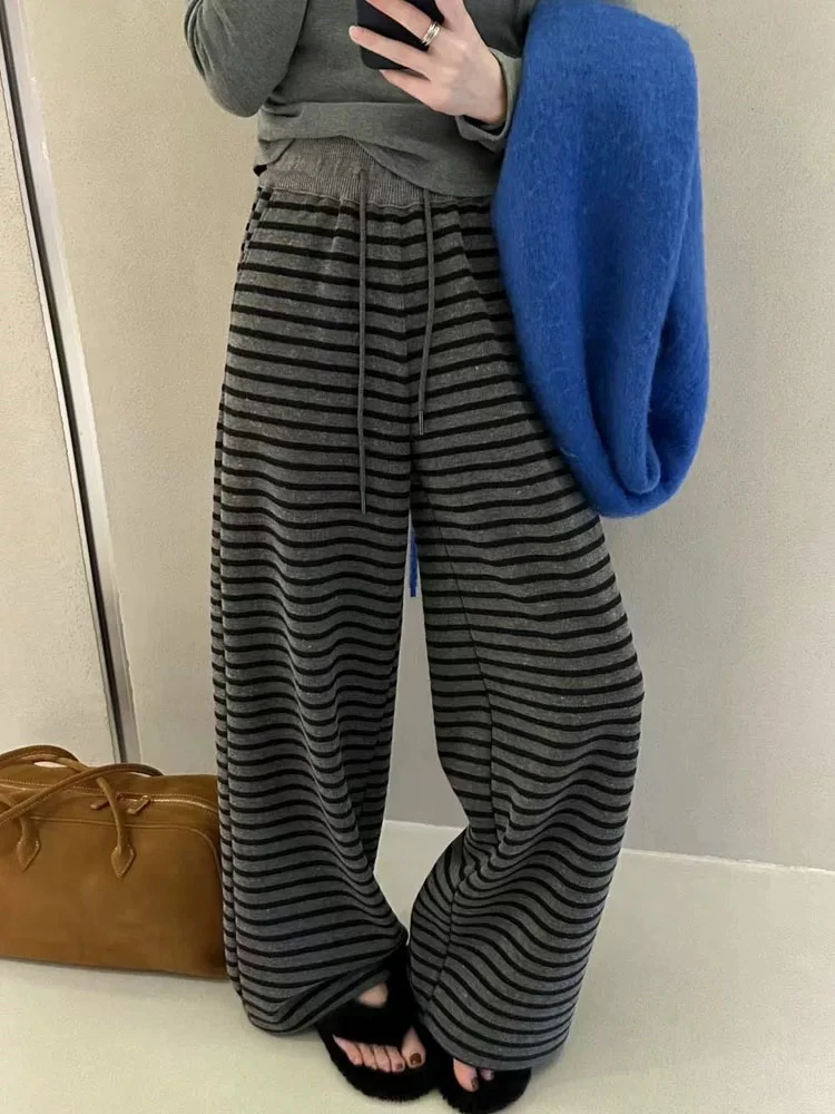 自留款高级感灰黑条纹阔腿针织长裤可两穿