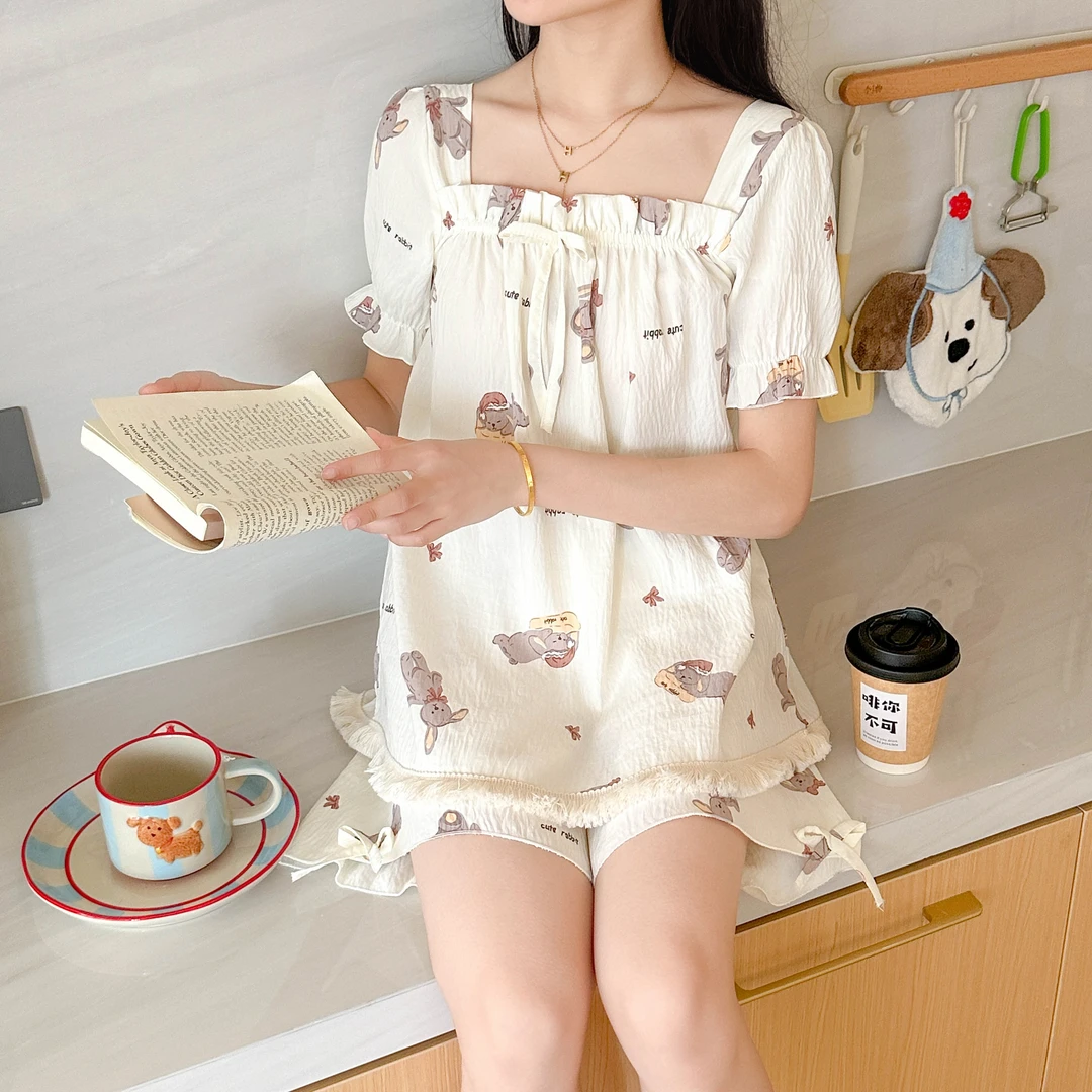 睡衣女公主风韩系甜美短裤睡衣夏季短袖薄款上衣小清新套装家居服