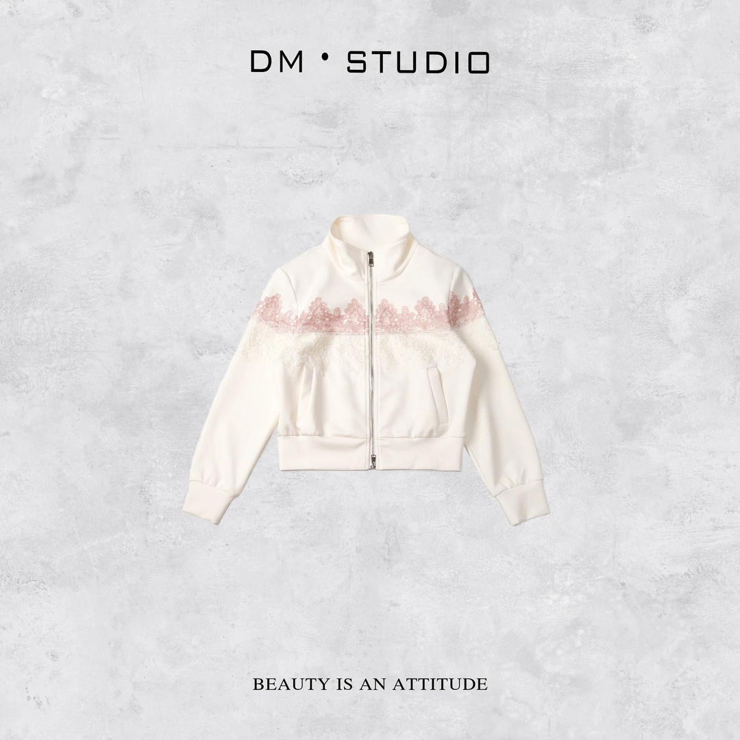 －DM•STUDIO/减龄气质轻奢撞色蕾丝绣花长袖拉链外套（W250256）
