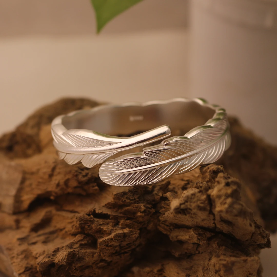 足银手镯 999纯银手镯银饰品银镯子手工定做羽毛手镯个性时尚气质