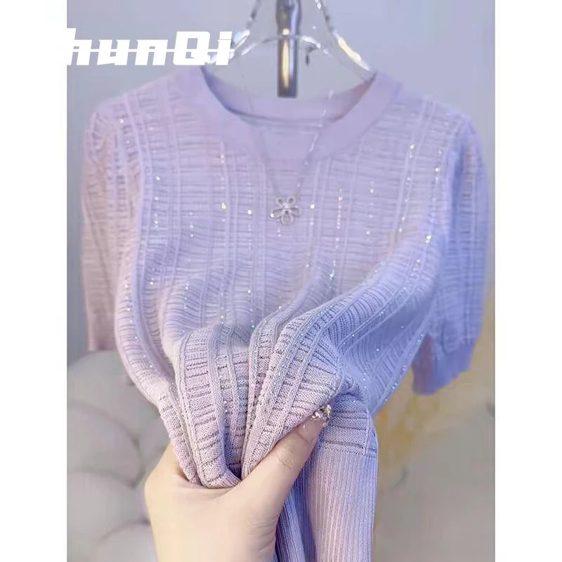 淳启高级感烫钻紫色针织衫夏季洋气冰丝短袖薄款显瘦t恤圆领上衣