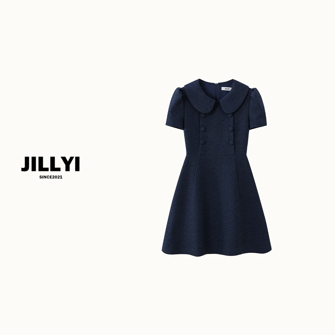 JILLYI南山店【公主梦境】藏蓝色双排扣简约纯色中长款连衣裙百搭