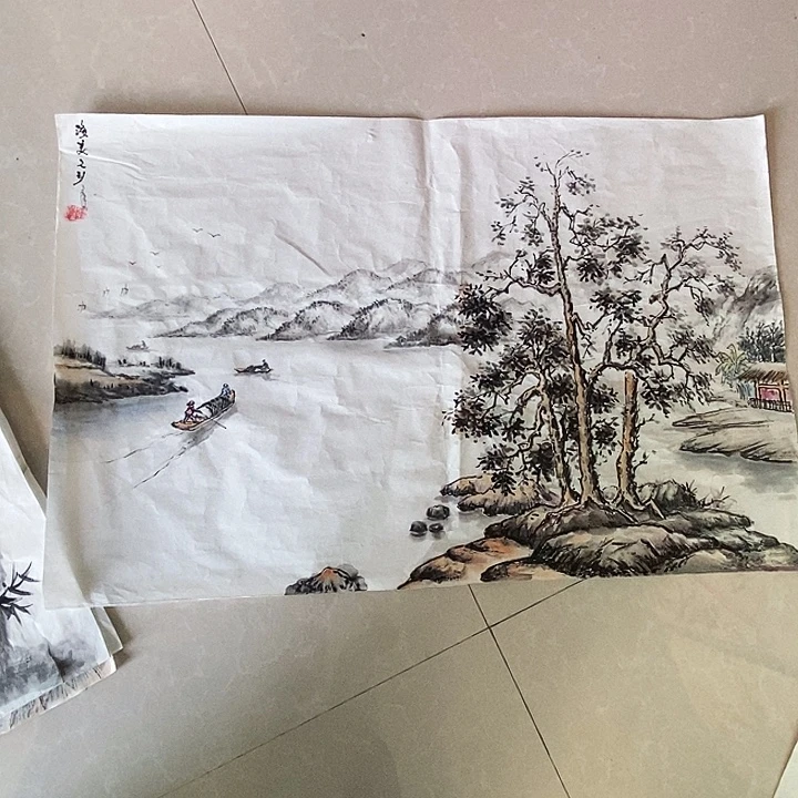 国画四尺三开山水作品