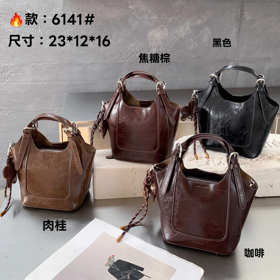 韩系复古简约百搭手提斜挎女款水桶包6141