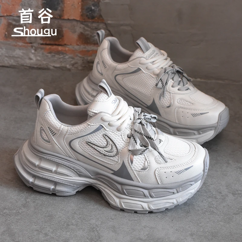 shougu/首谷2025春季款厚底增高老爹鞋女透气网面轻便百搭运动鞋