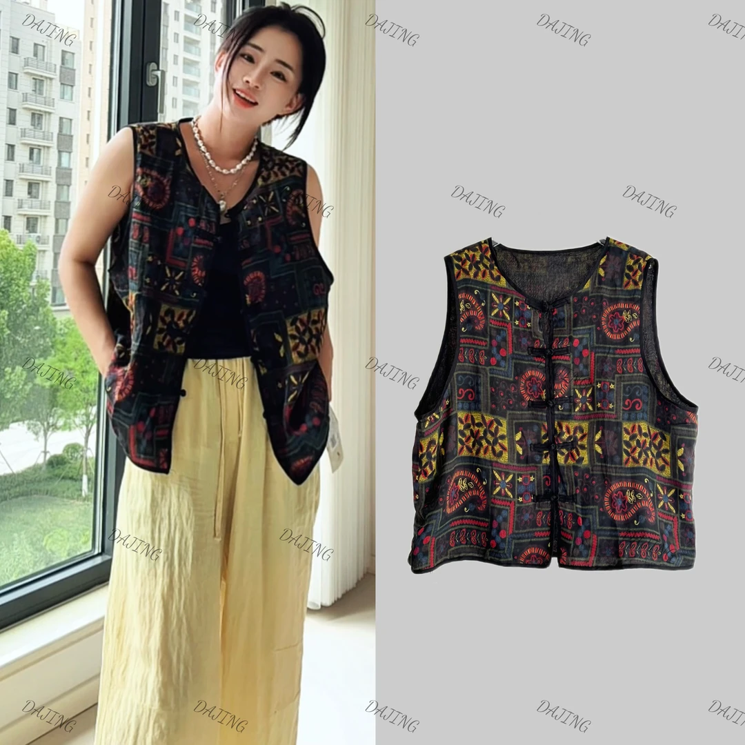 DAJINGN 双层100苎麻 深圳欧货夏季提花复古无袖马夹上衣网红马甲