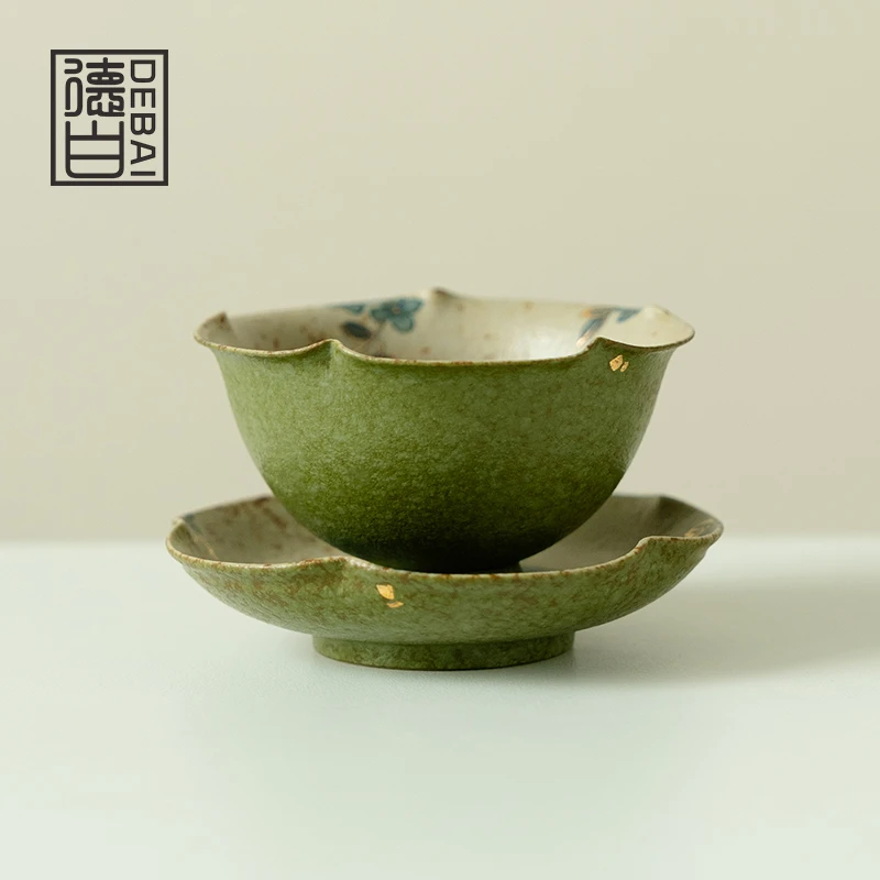 德白茶杯主人杯陶瓷青橘描金纯手绘万物有灵带杯垫新中式泡茶杯子