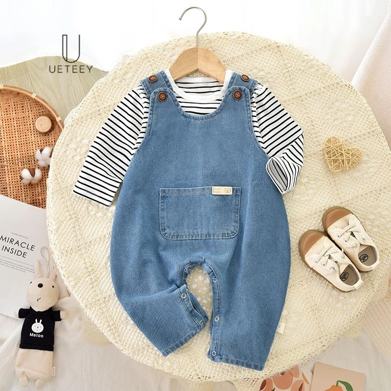 英国UETEEY婴儿牛仔套装背带裤春秋季新生儿爬服潮流宝宝衣服长袖