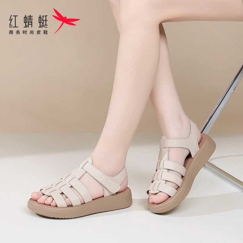 红蜻蜓女鞋镂空罗马时装凉鞋英伦风舒适凉鞋百搭平底外穿配裙子鞋