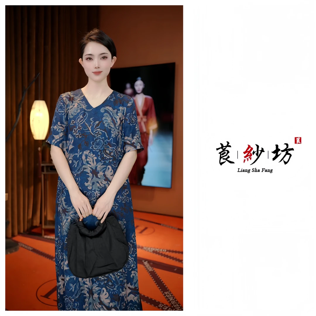 【V领青花瓷】夏季气质减龄宽松显瘦中式花萝收腰连衣裙短袖女