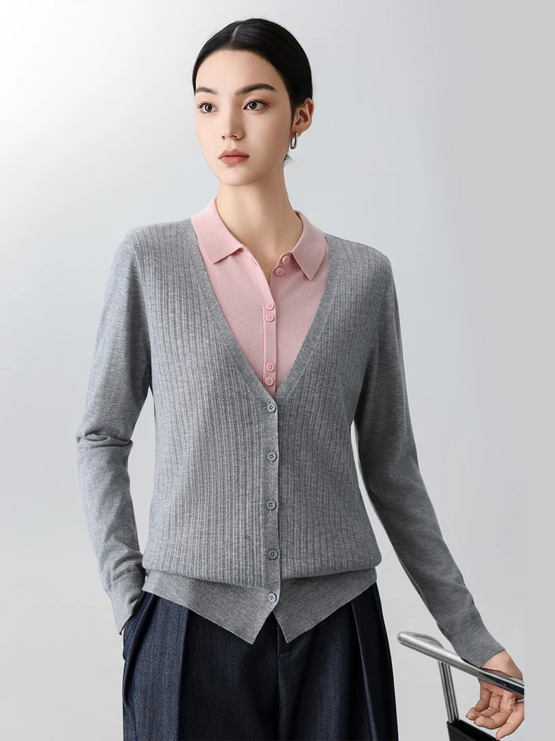 2025早秋女士开衫 新款假两件POLO领绵羊毛针织上衣女