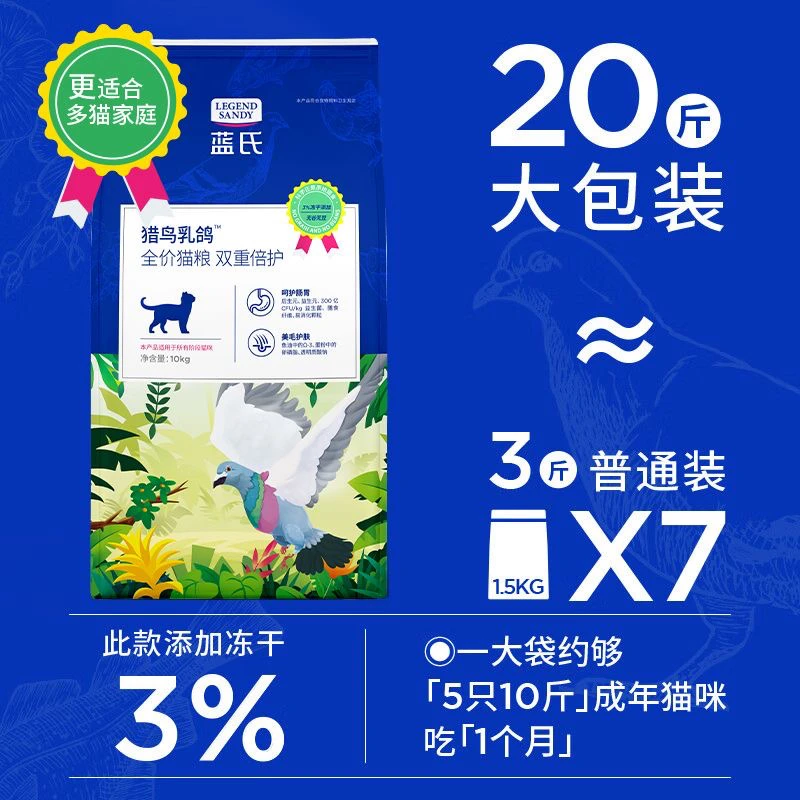蓝氏乳鸽双重倍护冻干猫粮生骨肉高蛋白多猫全阶段通用10kg猎鸟