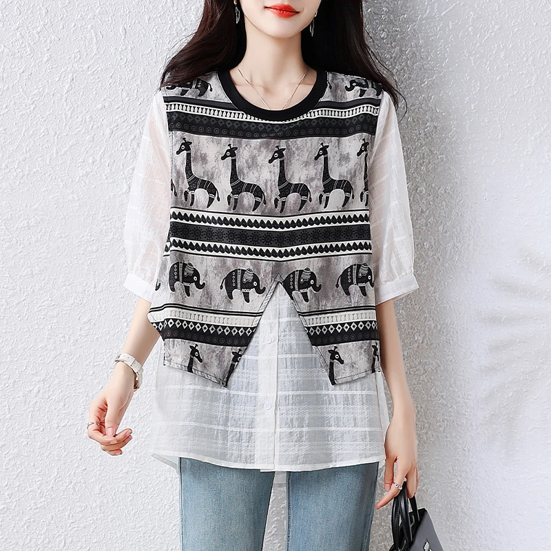 【女神新衣】2025重工设计感时尚减龄百搭圆领短袖洋气假两件小衫