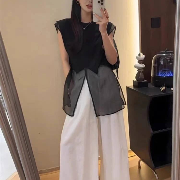 2595 夏季新款无袖设计感薄纱假两件（衣长75）