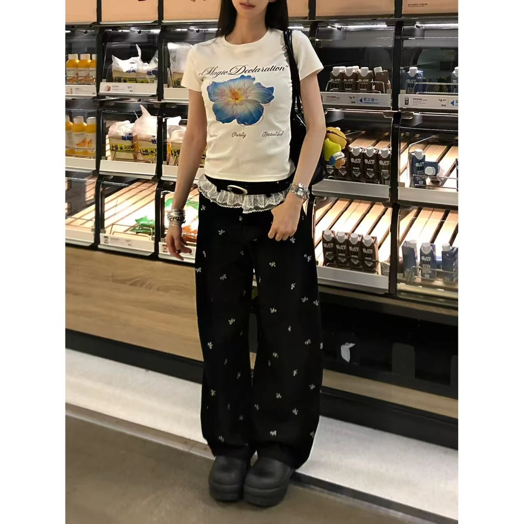 【小爱同学】美式复古宽松宽松休闲直筒蕾丝边蝴蝶结印花点缀裤子