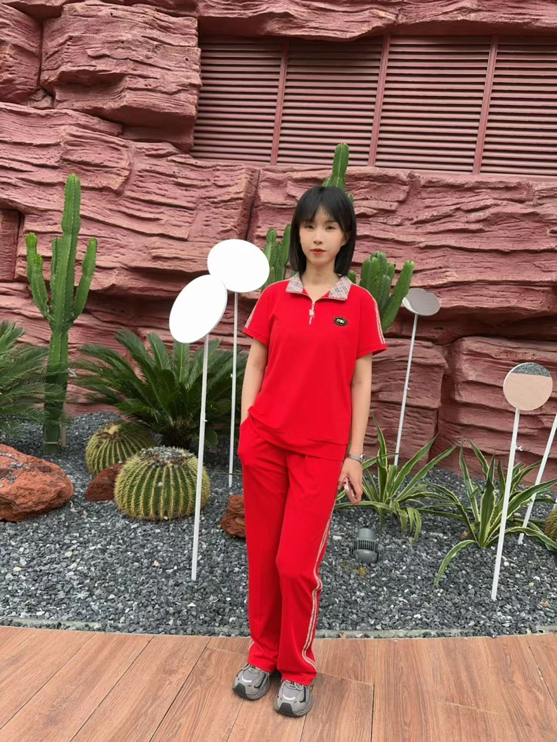 8939格子领短袖长裤套装