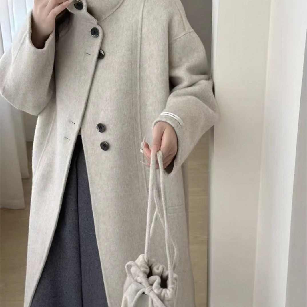 2025新款白色灰色黑色带包立领双面长款羊毛大衣百搭气质宽松显瘦