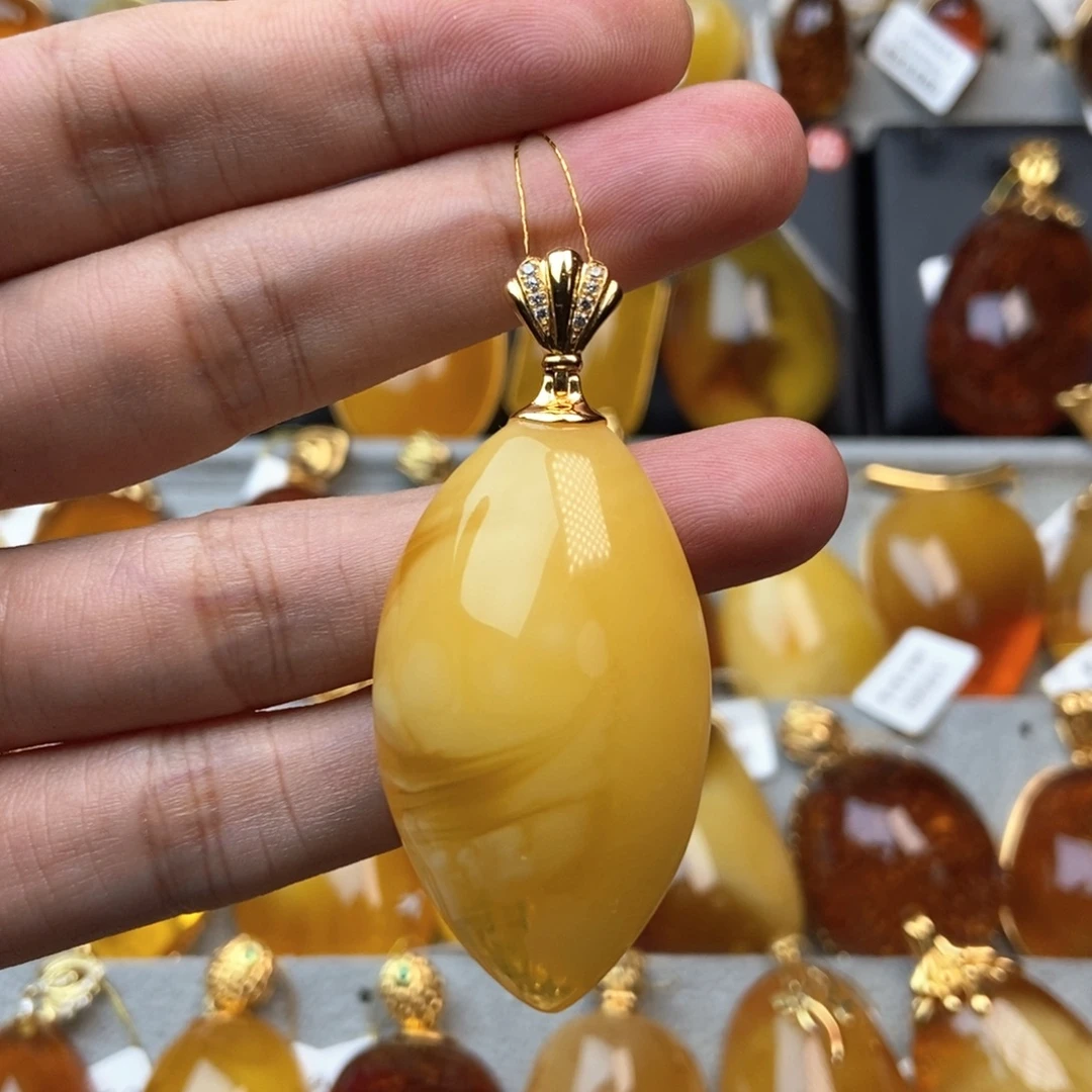 琥珀颈饰银S925镀金镶嵌