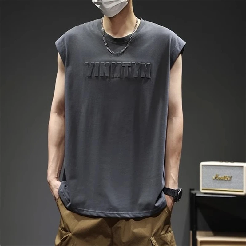 大码钢印背心男夏季新款宽松美式坎肩无袖T恤加肥加大码圆领上衣t
