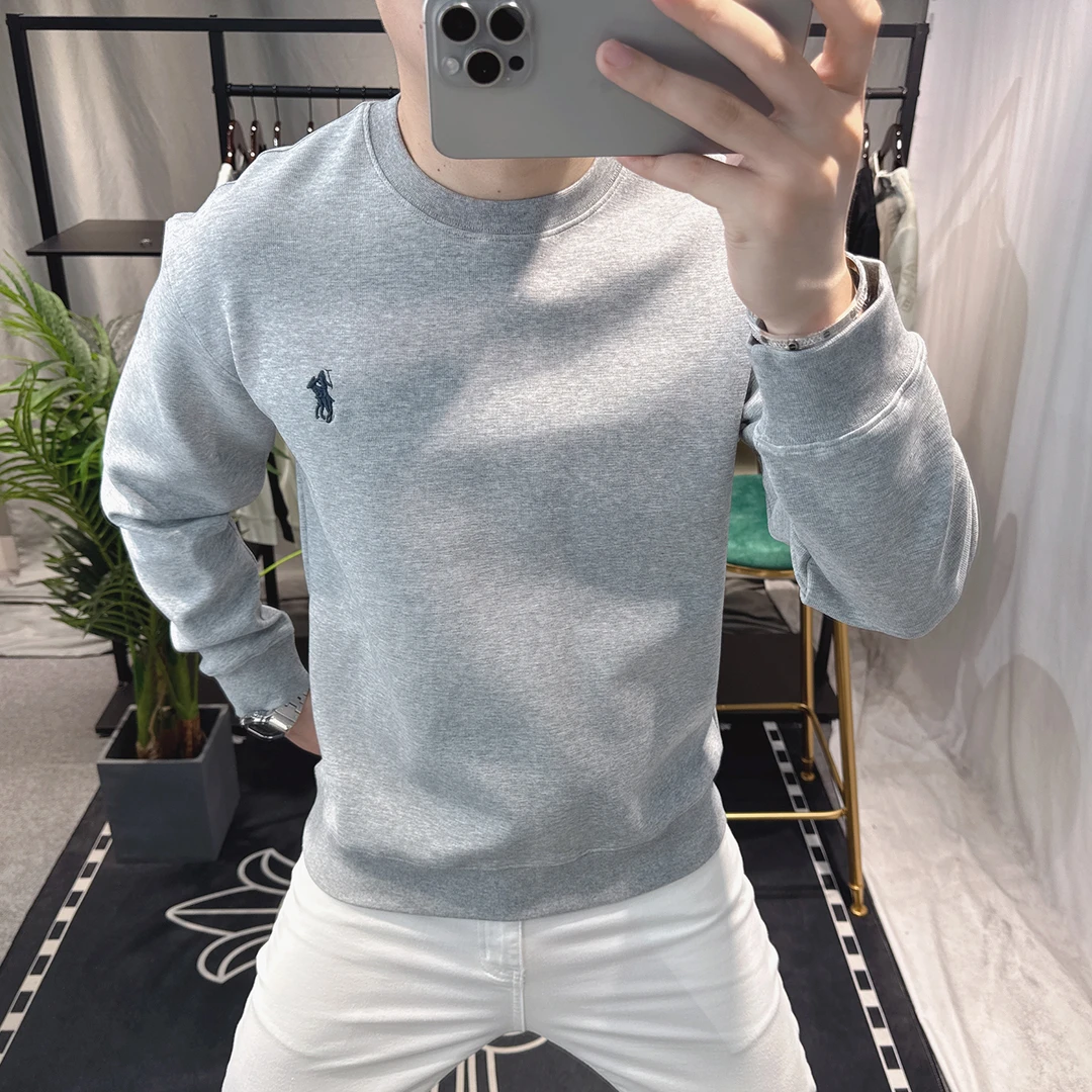 欧洲站2025新款春秋刺绣卫衣男潮牌宽松纯色百搭长袖男士上衣圆领