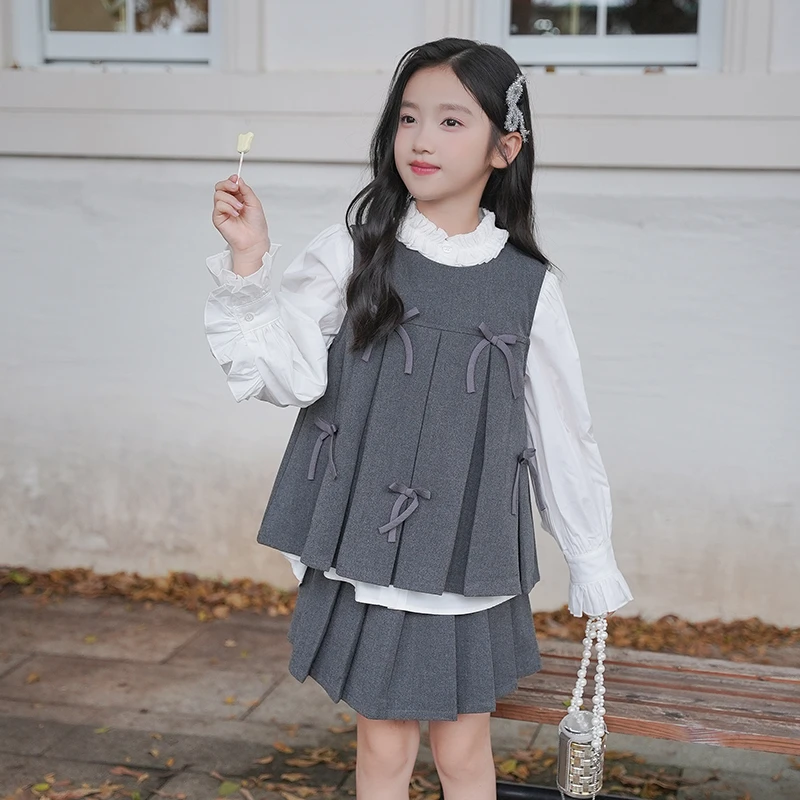 0769640女童秋季学院风套装2025新款洋气蝴蝶结马甲裙子衬衫童装
