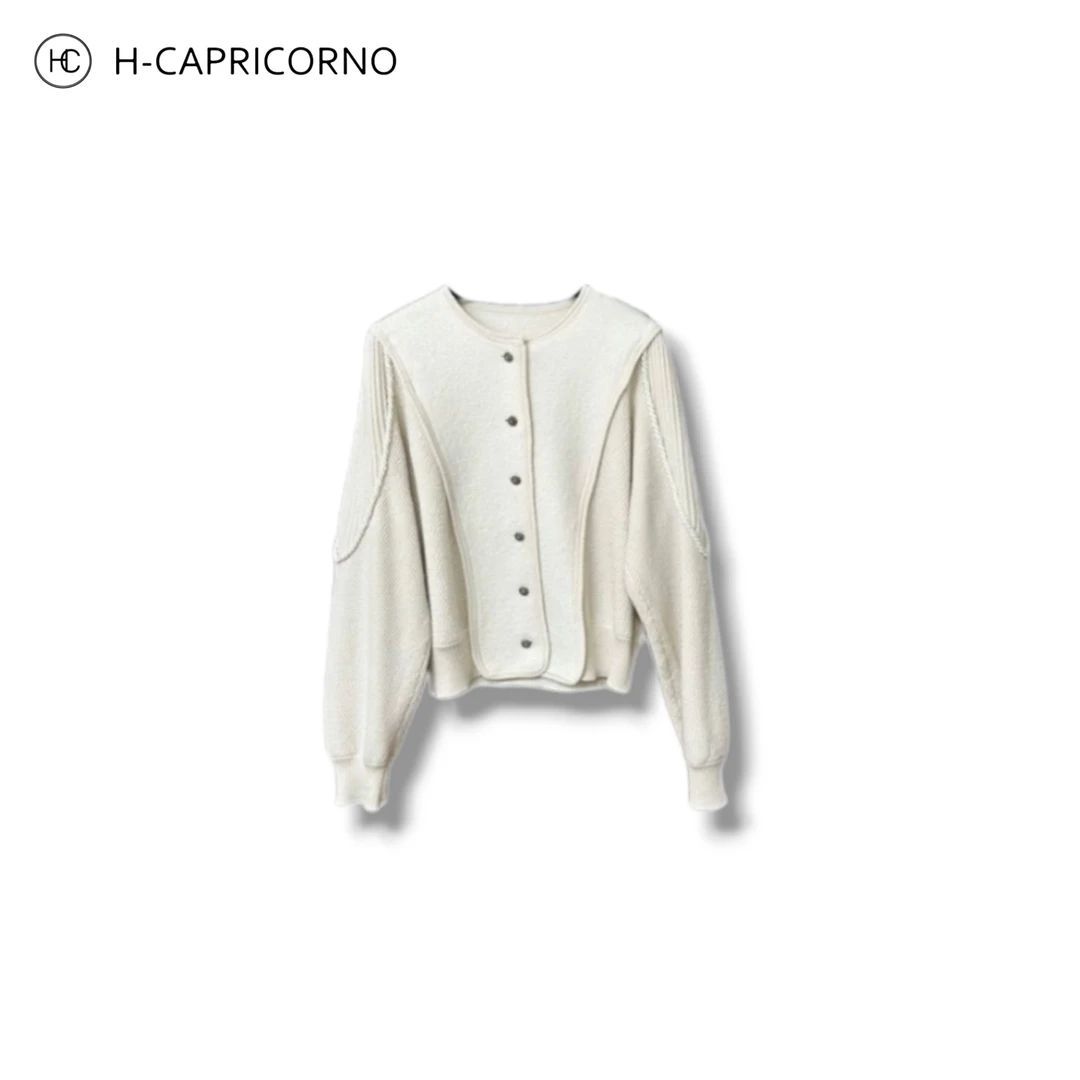 H-CAPRICORNO复古菠萝纹拼接羊毛复古花型纽扣小廓形针织开衫外套
