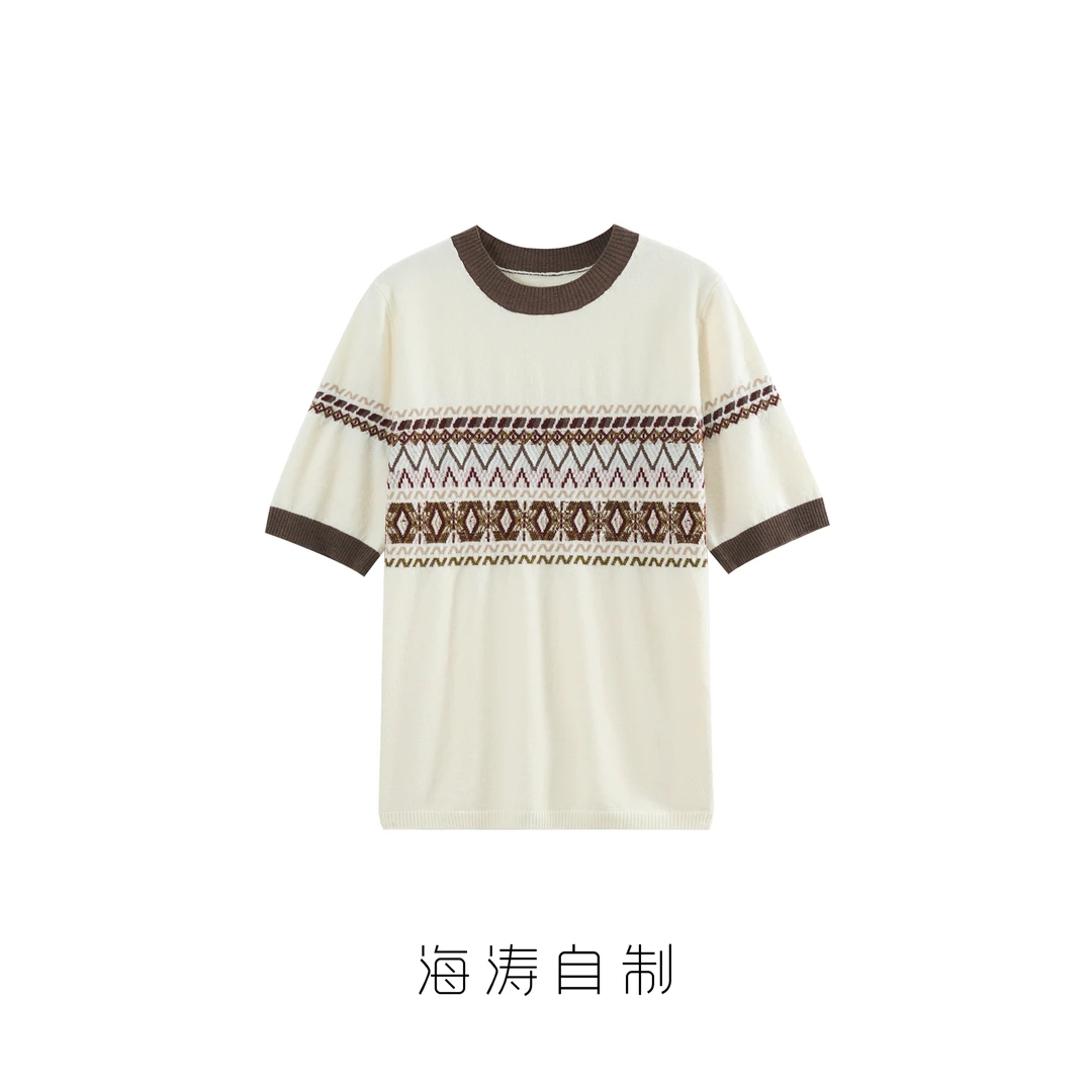 【海涛大叔】「费尔岛米调」羊毛撞色边复古菱格提花短袖圆领针织衫
