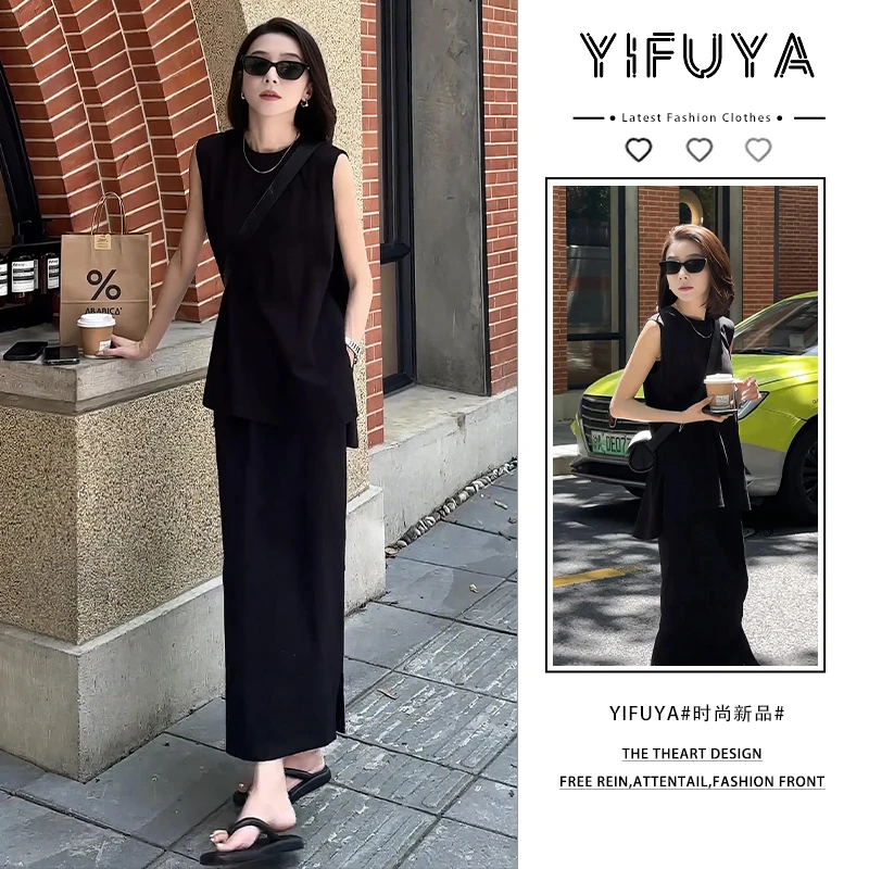 夏装搭配一整套2025新款无袖衬衣T恤小衫高腰显瘦中长款半身裙女