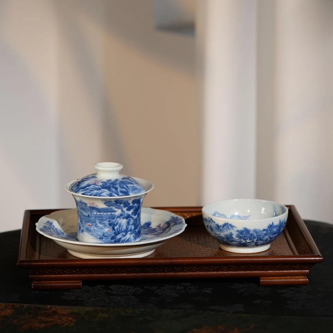 景琳藏荷塘清秋茶具 青花北派山水景德镇纯手工高端手绘家用陶瓷