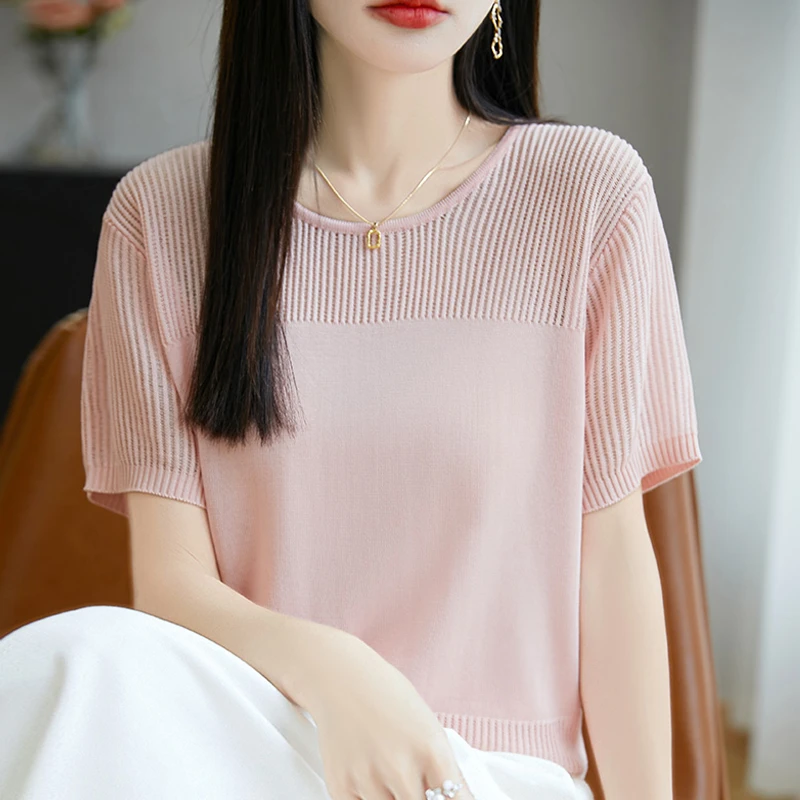 短袖女款爆款2025新款大码圆领针织T恤宽松显瘦百搭薄款镂空上衣