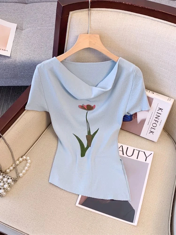 清仓现货 只有一件复古U领短袖正肩花朵印花t恤