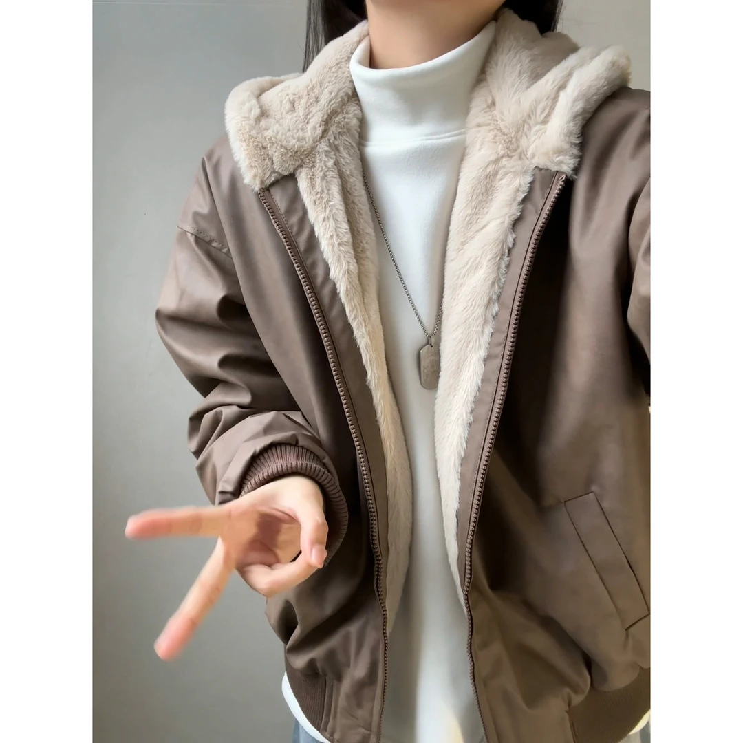 美式连帽座山雕皮衣外套棉服男女款冬季加绒加厚保暖毛领棉袄夹克