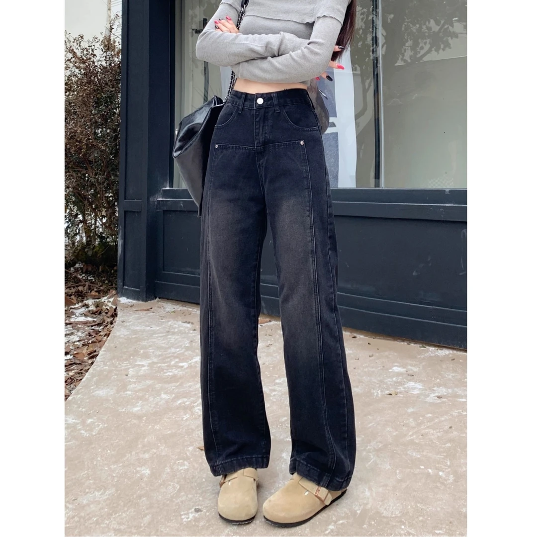 慵懒美式高腰阔腿牛仔裤女春秋ins垂感复古宽松显瘦直筒拖地长裤