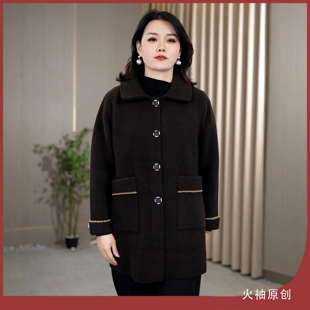 火袖G1869中老年女装单排扣毛呢外套女秋冬新款宽松保暖百搭大衣