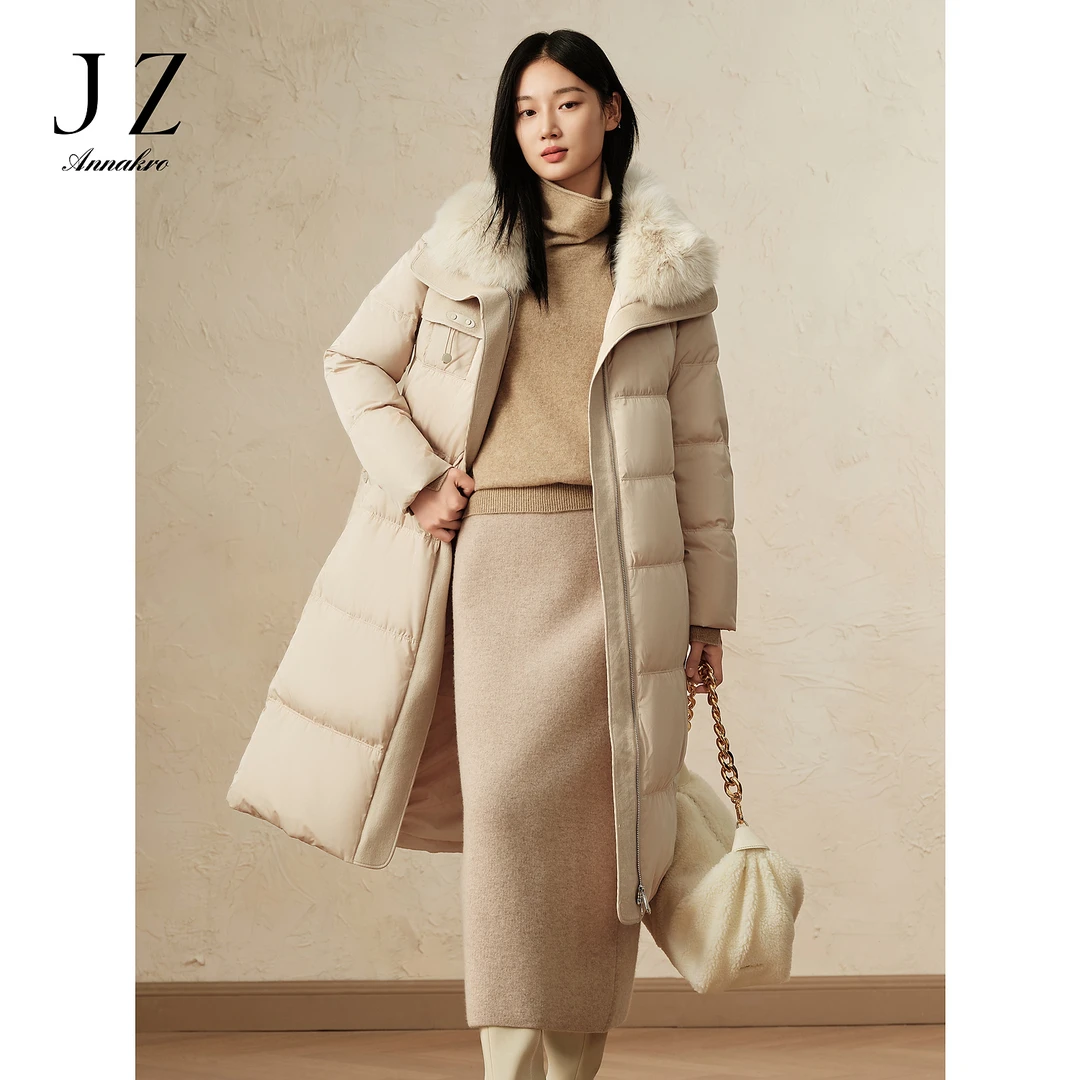 玖姿安娜蔻修身落肩长款羽绒女2025冬季可拆卸毛领收腰JTDD03171